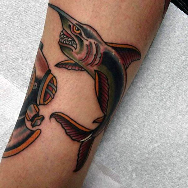 Leg Old School Swordfish Male Tattoo Designs