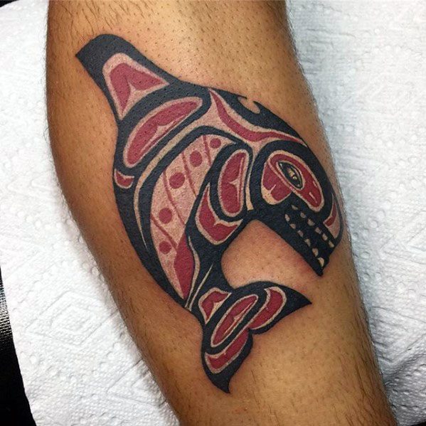 Leg Orca Killer Whale Tribal Tattoo On Men