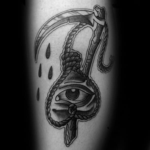 Leg Rope Eye Scythe Tattoo Design On Man.