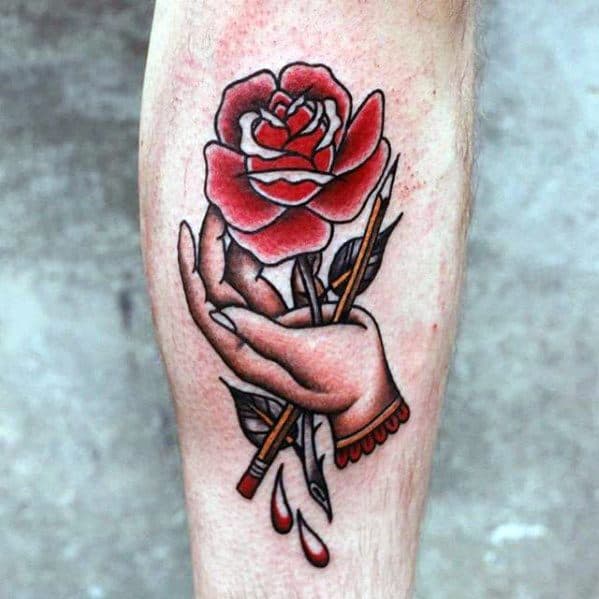 Leg Rose Flower With Hand And Pencil Tattoos Men