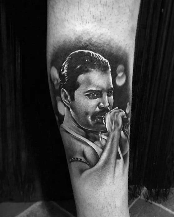 Leg Shaded Portrait Of Freddie Mercury Tattoo Ideas For Males