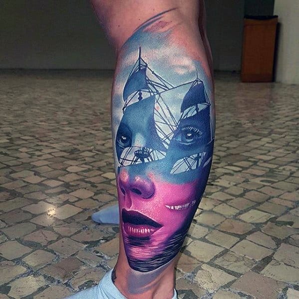 Leg Ship Face Surrealism Tattoo On Men