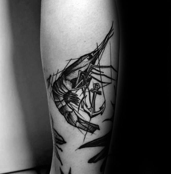 Leg Sketched Anchor With Shrimp Guys Tattoo Ideas