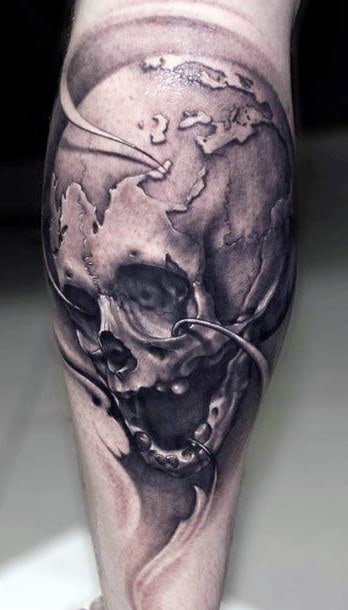 Leg Skull Globe Realistic Mens Tattoos