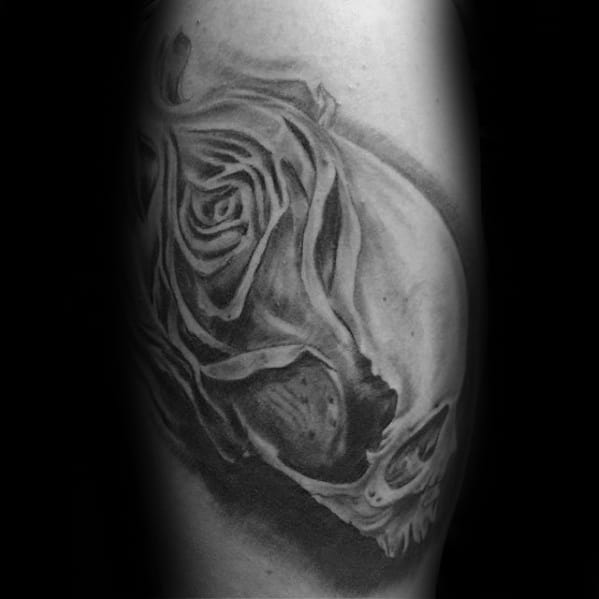 Leg Skullwith Rose Flower Artistic Male Morph Tattoo Ideas