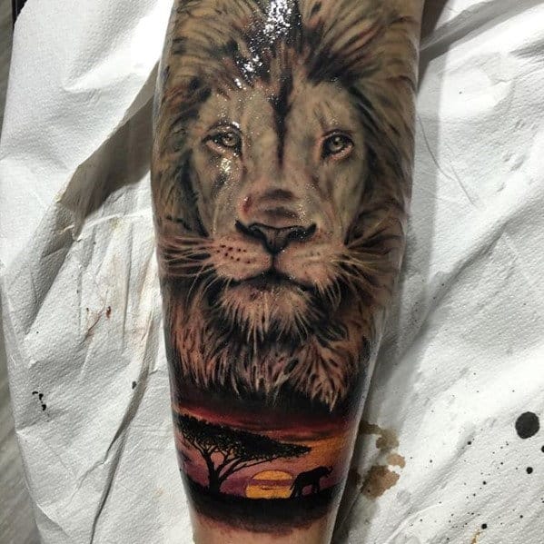 Leg Sleeve Africa Lion Safari Sunset Tattoos For Guys