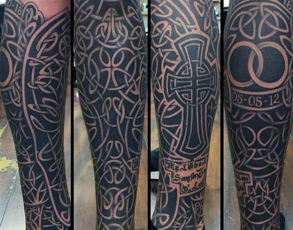 Leg Sleeve Celtic Knot Mens Tattoo Ideas With Black Ink