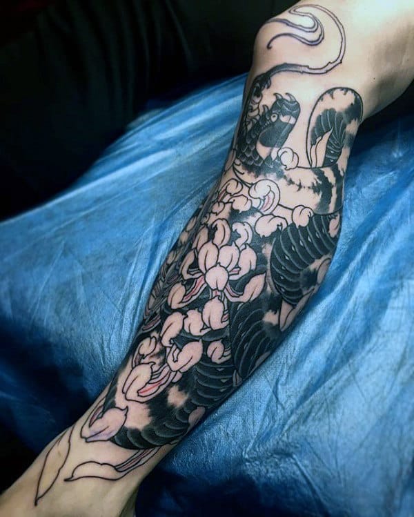 Leg Sleeve Chrysanthemum Black Ink Flower Male Tattoos
