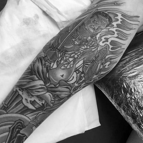Leg Sleeve Fudo Myoo Tattoo Design Ideas For Males