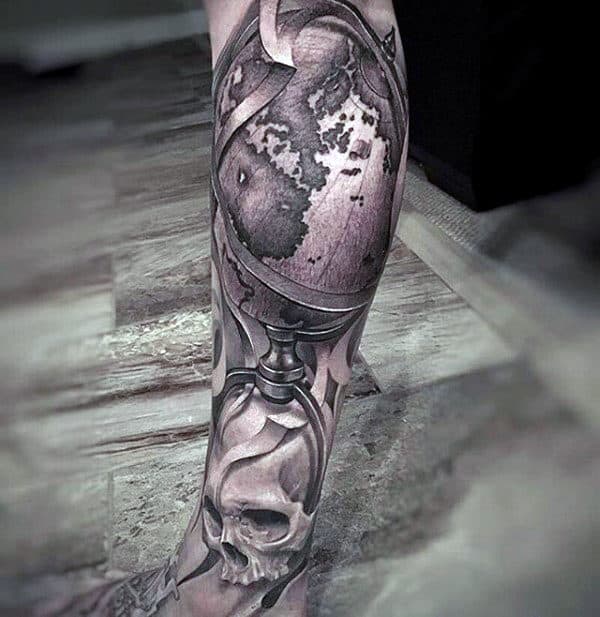 Leg Sleeve Globe And Skull Mens 3d Tattoo Design Inspiration