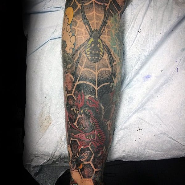 Leg Sleeve Guys Dotwork Spider Web Tattoo Ideas