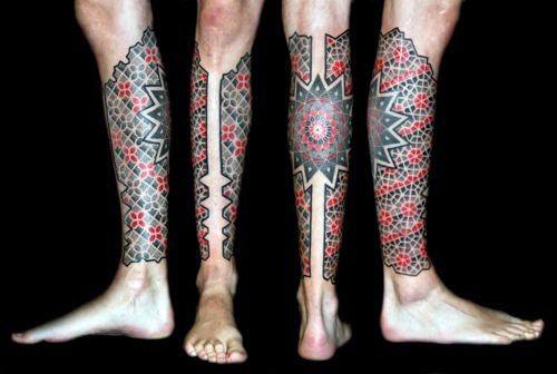 Leg Sleeve Guys Red And Black Tattoos