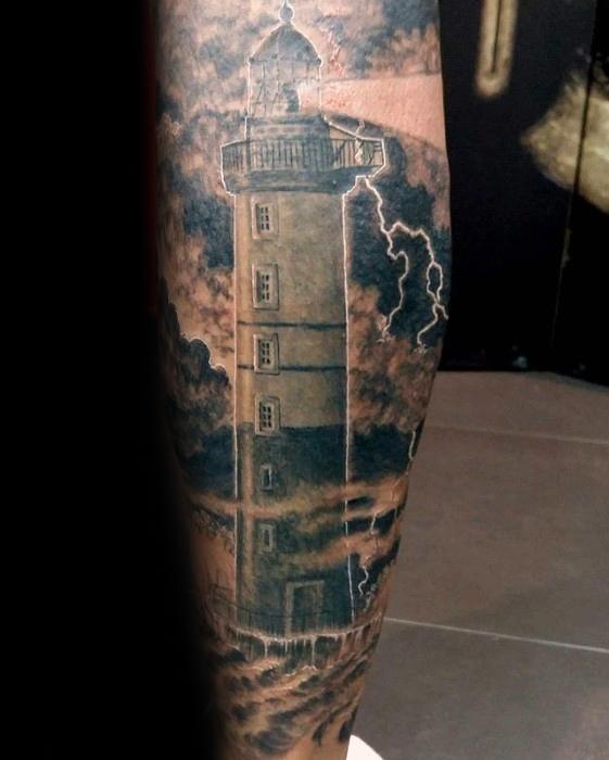Leg Sleeve Lighthouse Thunderstorm Tattoo Design Ideas For Males