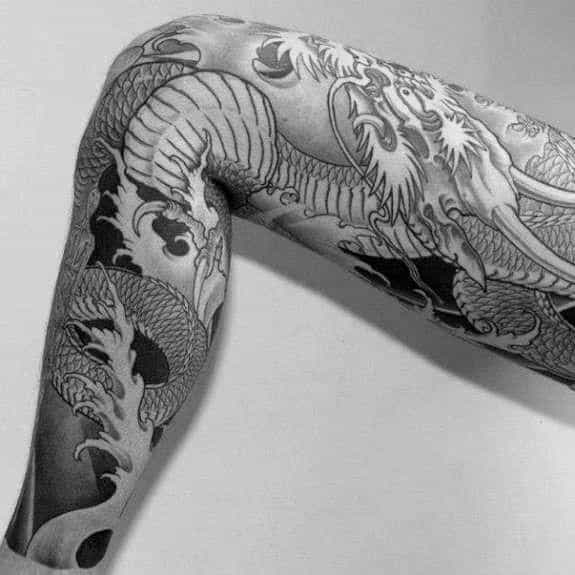 Leg Sleeve Male Dragon Japanese Shaded Tattoo Designs