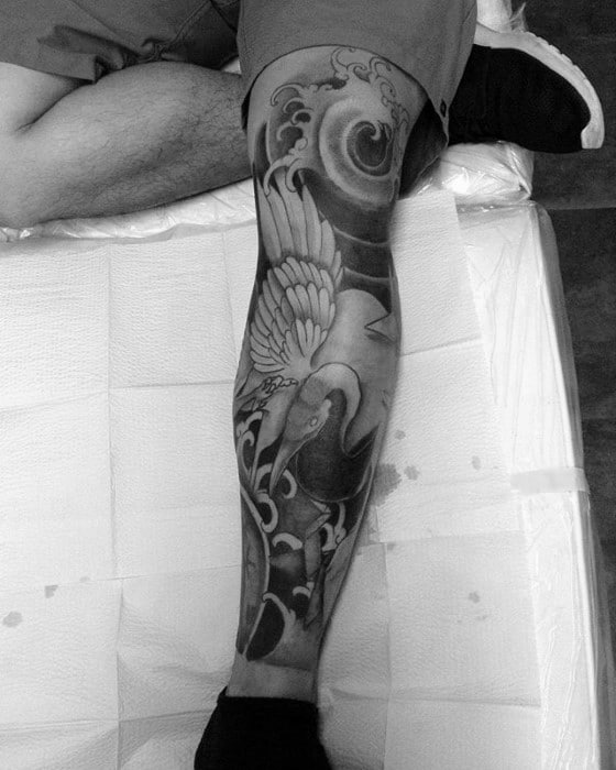 Leg Sleeve Male Japanese Crane Tattoo Ideas