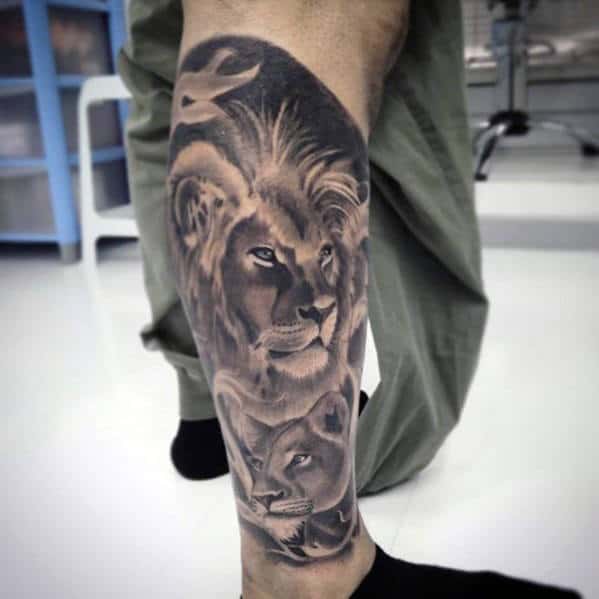 Leg Sleeve Male Lion Themed Tattoo Design Inspiration