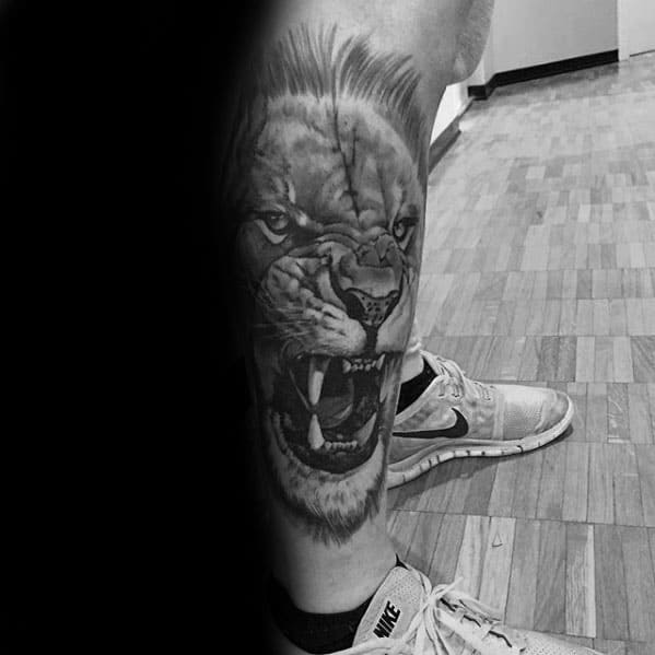 Leg Sleeve Male Realistic Roaring Lion Tattoo Design Ideas