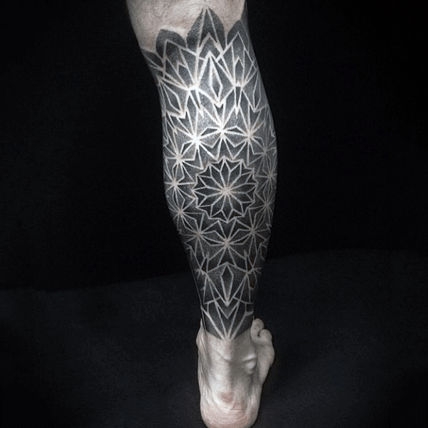 Leg Sleeve Mens Geometric Star Pattern Blackwork Tattoo