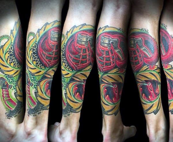 Leg Sleeve Men's Grenade Tattoos
