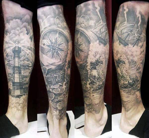 Leg Sleeve Mens Nautical Themed Tattoos