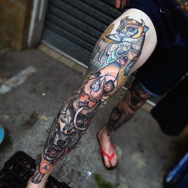 Leg Sleeve Mens Wolf Shin Tattoo Design Ideas