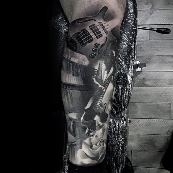 Leg Sleeve Music Themed Morph Guys Tattoo Designs