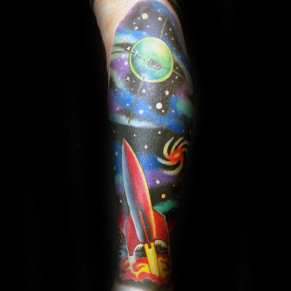 Leg Sleeve Rocket And Satellite Tattoos For Males