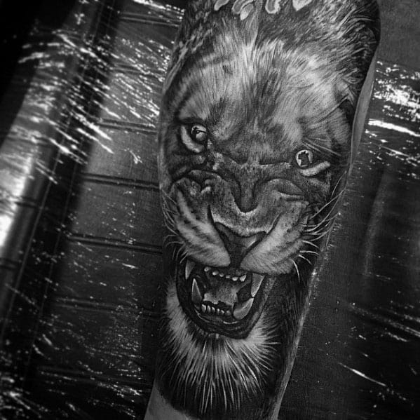 Leg Sleeve Shaded Realistic Male Lion Tattoos