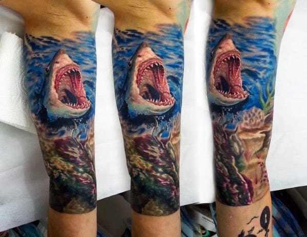 Leg Sleeve Shark With Coral Reef Male Sleeve Tattoo