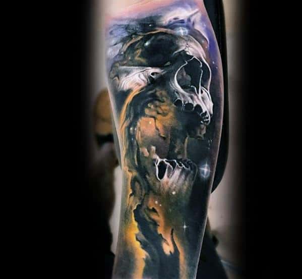 Leg Sleeve Skull With Outer Space Night Sky Morph Tattoo Design Ideas For Males
