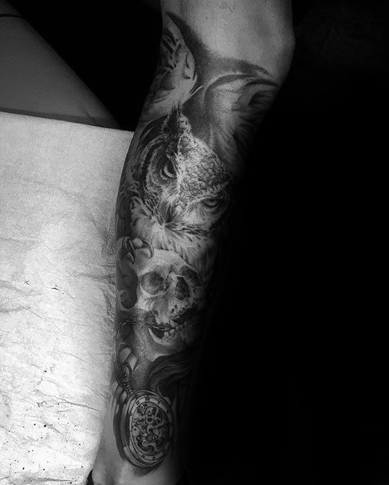 Leg Sleeve Tattoo Owl Holding Onto Skull For Men