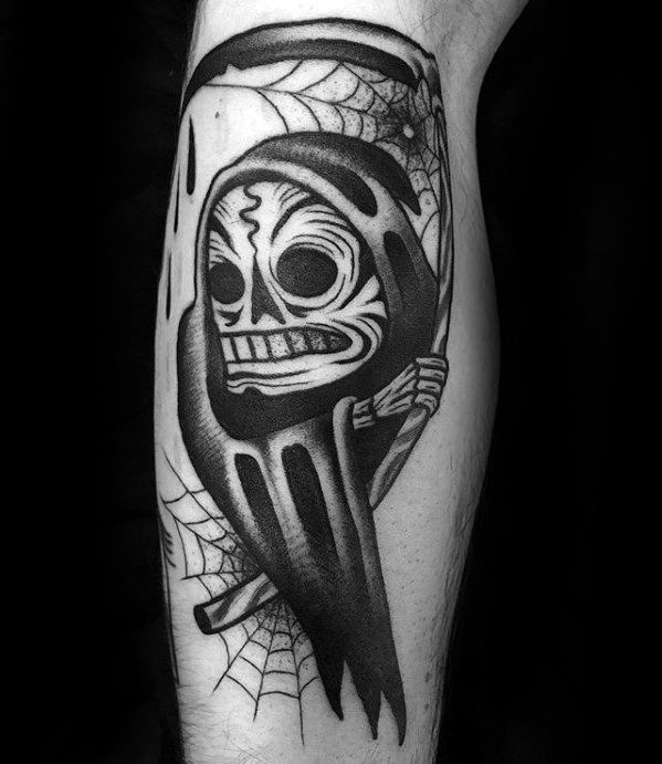 Leg Spider Web Traditional Reaper Mens Tattoo Ideas