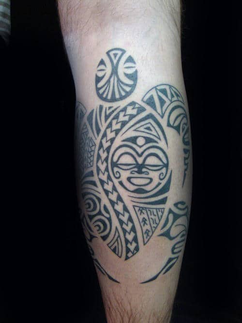 Leg Sun Tribal Turtle Mens Tattoo Design