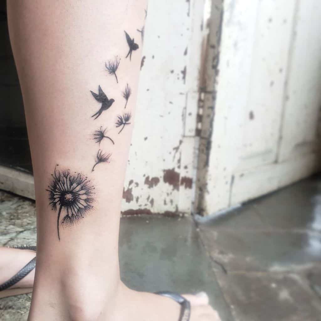 leg tattoo dandelion with birds
