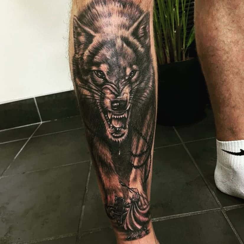 leg thigh Norse Wolf Tattoos nickybrennan67