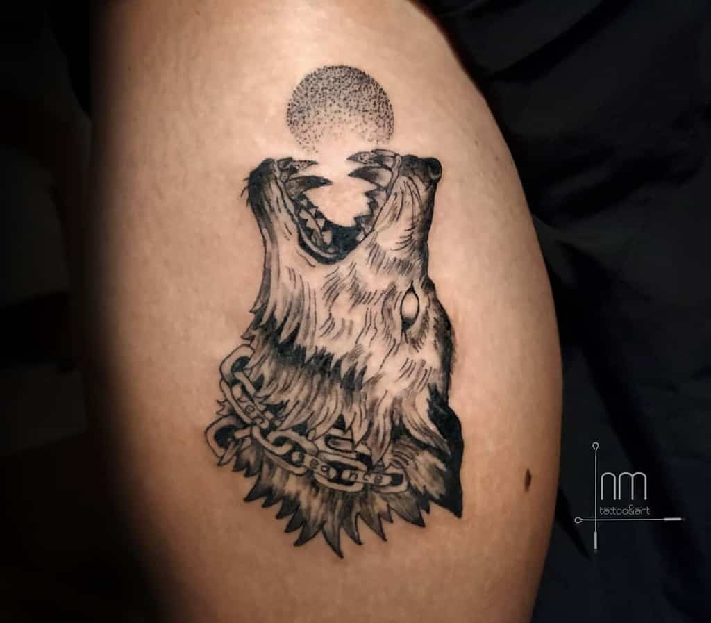 leg thigh Norse Wolf Tattoos nikos.marantidis