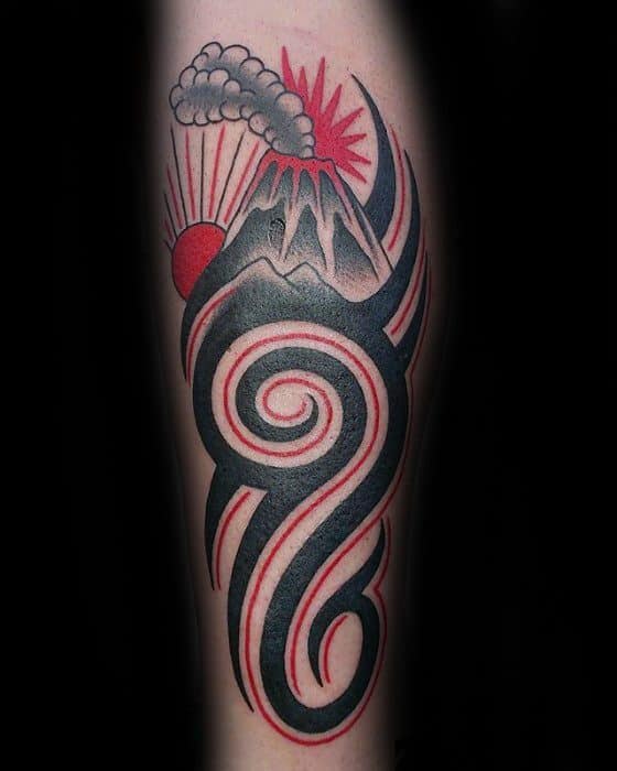 Leg Tribal Red And Black Ink Mens Tattoo Volcano Design