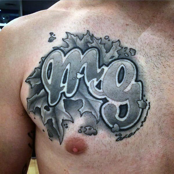 Lettering Maple Leaf Shaded White And Grey Ink Chest Tattoos For Males