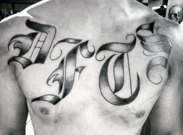 Lettering Old English Mens Chest Tattoos