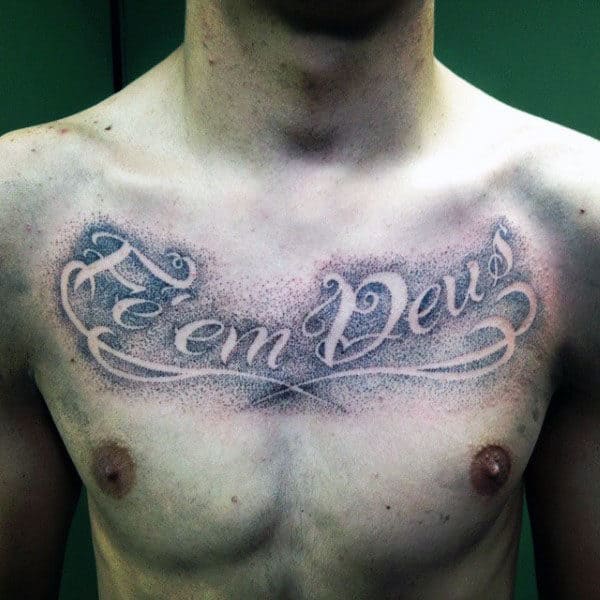 Lettering Pointillism Mens Negative Space Chest Tattoo