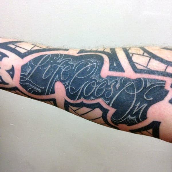 Lettering White Ink With Life Goes On Tattoo For Men Forearm