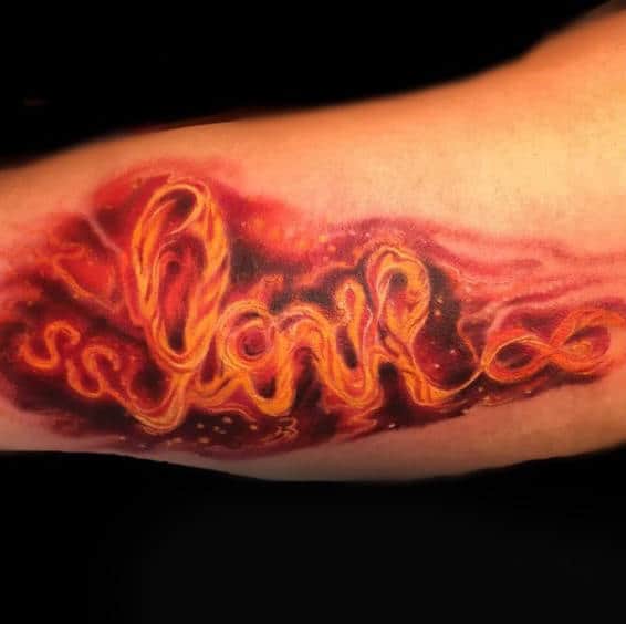 Lettering With Fire Design Mens Arm Tattoo