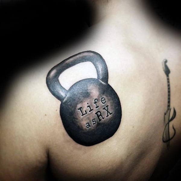 Tatuajes de fitness en el hombro para hombre Life Is Rx Kettle Ball