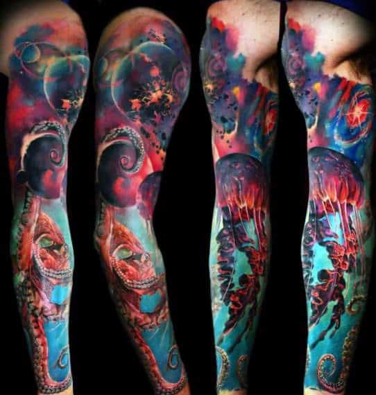 Life Under Sea And Universe Jellyfish Tattoo Mens Full Sleeves