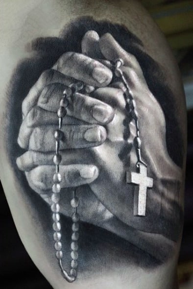 Lifelike Tattoos Of Praying Hands With Rosary For Guys On Bicep