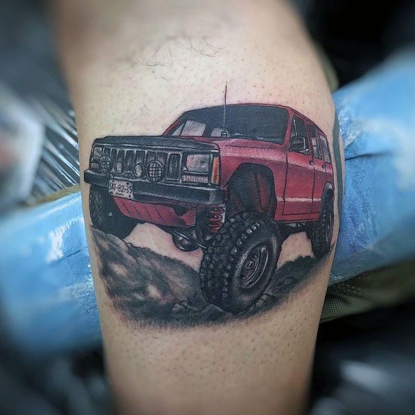 Lifted Red Jeep Mens Leg Calf Tattoo