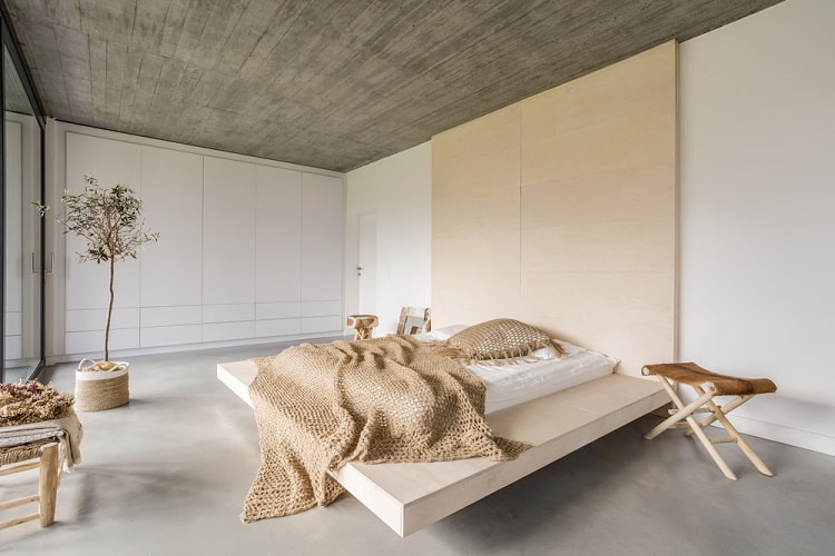 light minimalist bedroom wood ceiling