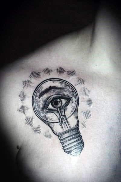 Light Bulb With All Seeing Eye Collar Bone Male Tattoos
