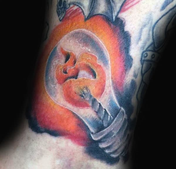 Light Bulb With Flaming Candle Wick Mens Arm Tattoo