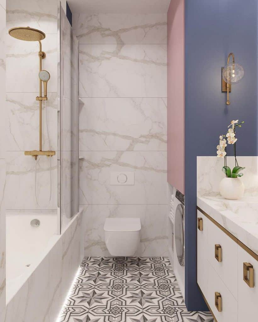 shower/laundry with blue and pink cabinets